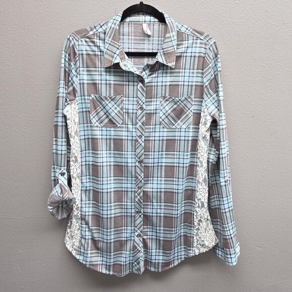 Vanity Shirt Womens Large Blue Gray Plaid Lace Side Button Down Roll Tab - Picture 1 of 10